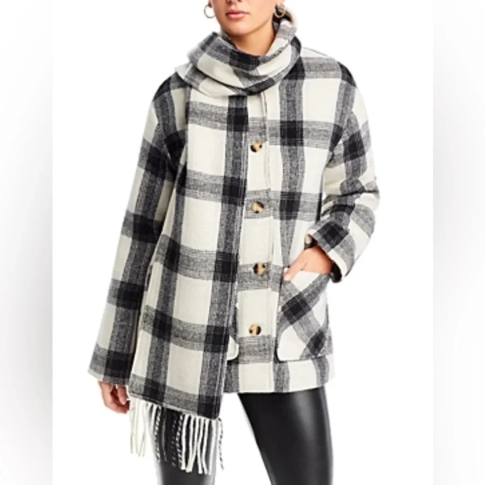 NWT Aqua Scarf Collar Coat in Black/White Plaid M